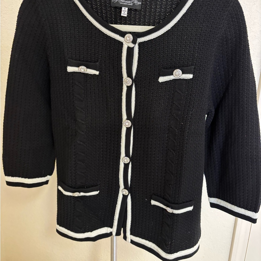 Colleen Lopez Favorite Things Black Boxy Knit Cardigan Crystal Buttons M